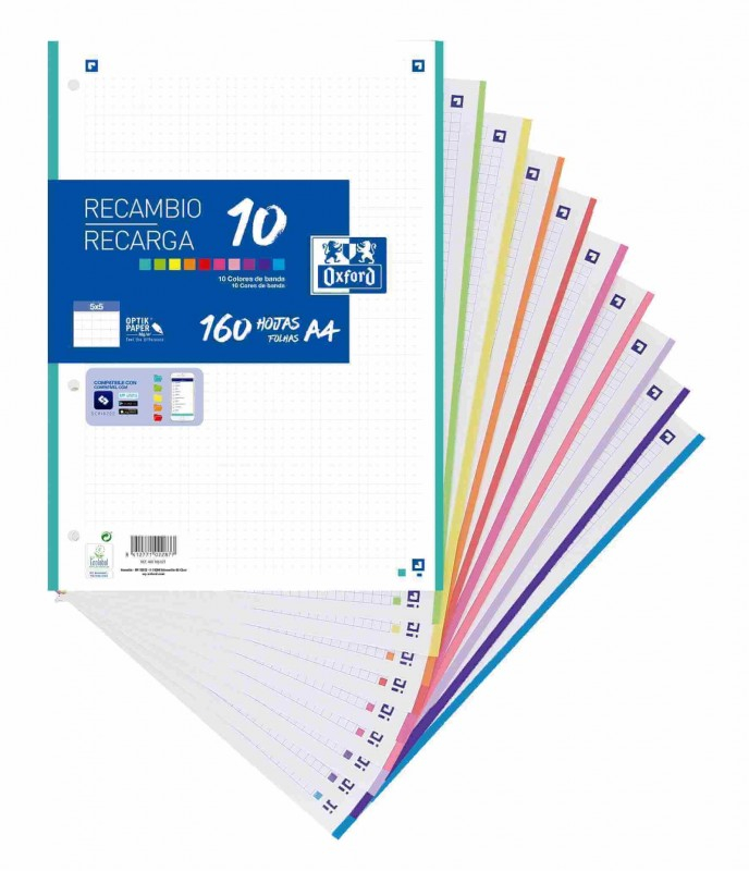 RECAMBIO A4 OXFORD 160 Hojas Cuadricula 5x5mm, Banda 10 Colores