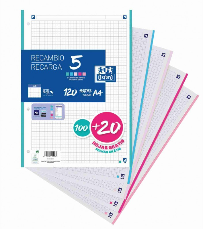 RECAMBIO A4 OXFORD 100 Hojas +20 Gratis Cuadricula 5x5mm, Banda 5 Colores Pastel