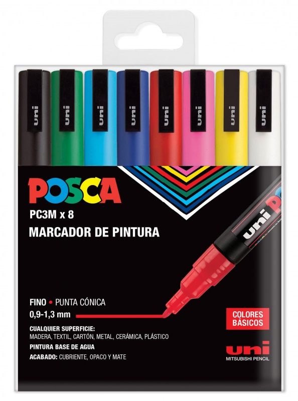 Estuche 8 Colores POSCA PC-3M punta Fina 1,5mm Multisuperficie (cristal, madera, tela, plastico)