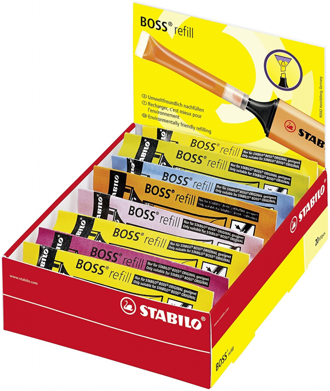 CAJA 20 Recargas Stabilo Boss 70 de 3ml COLORES SURTIDOS Fluorescentes