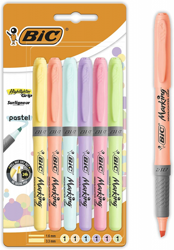 Pack de 6 Marcadores Bic Highlighter Grip PASTEL