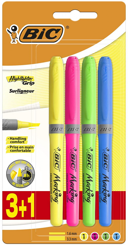 Pack de 4 Marcadores Bic Highlighter Grip Fluorescentes