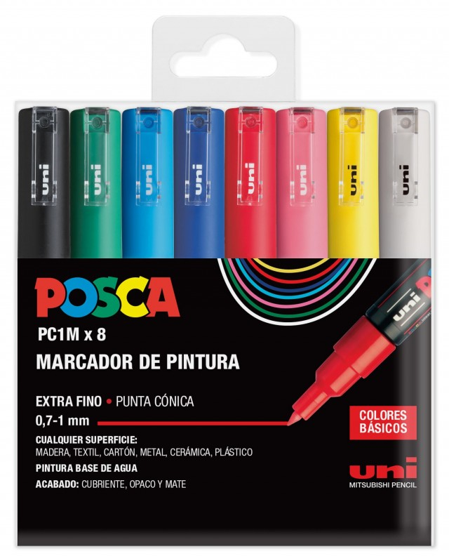 Estuche 8 Colores POSCA PC-1M punta ExtraFina 1mm Multisuperficie (cristal, madera, tela, plastico)