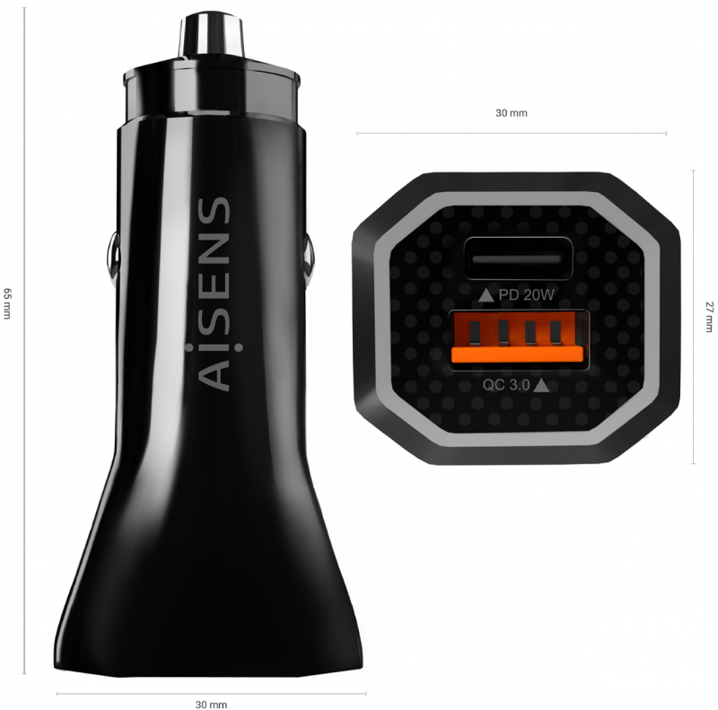 Imagen extra Cargador de Coche Aisens con Carga rapida QC3.0 hasta 18W