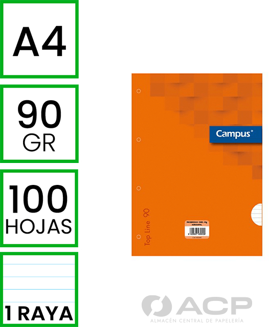 RECAMBIO 100 Hojas, A4, RAYA HORIZONTAL, 4-Taladros, 90gr