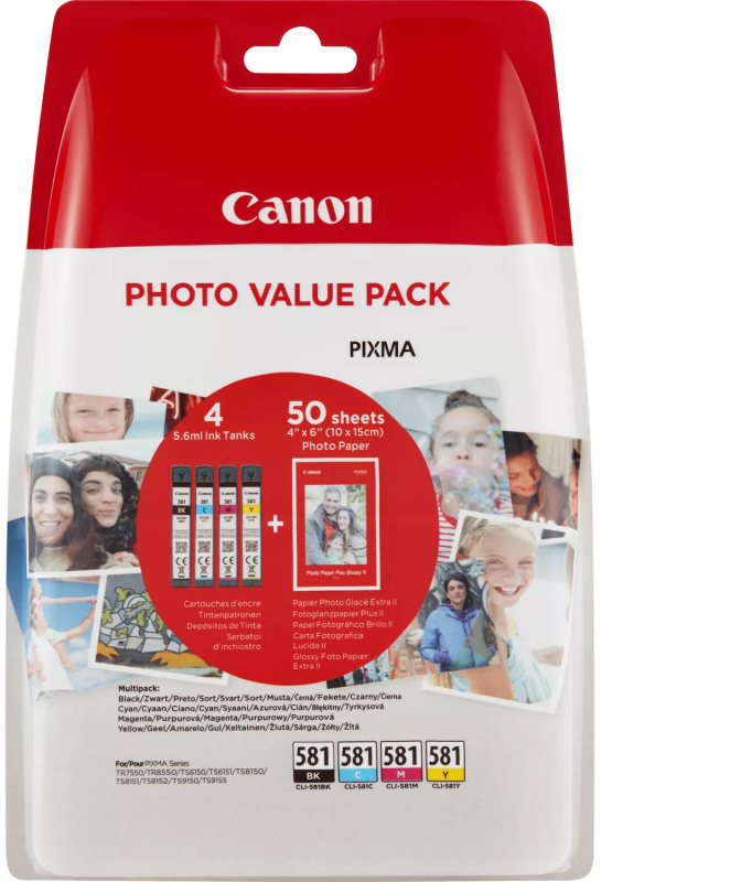 Canon CLI581 Pack de 4 Cartuchos Originales 50 Hojas de Papel Fotografico 2106C005