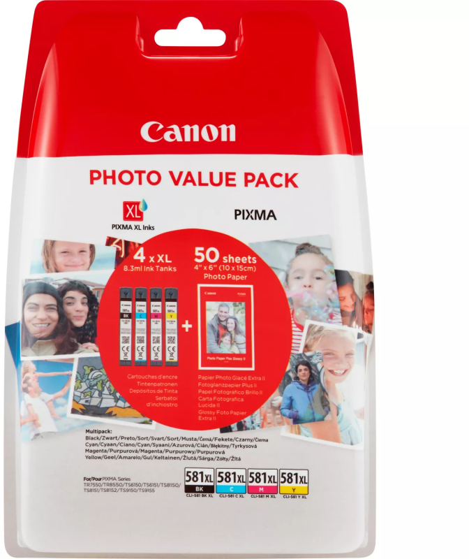 Canon CLI581XL Pack de 4 Cartuchos Originales 50 Hojas de Papel Fotografico 2052C004