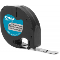 Dymo LetraTag S0721730 Cinta de Etiquetas Original para Rotuladora Texto negro sobre fondo metalico Ancho 12mm x 4 metros (91208