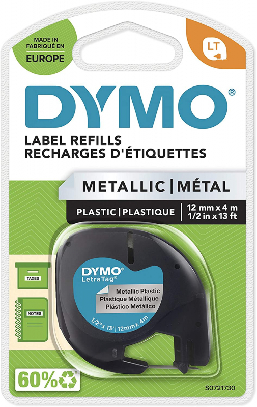 Imagen extra Dymo LetraTag S0721730 Cinta de Etiquetas Original para Rotuladora Texto negro sobre fondo metalico Ancho 12mm x 4 metros (91208