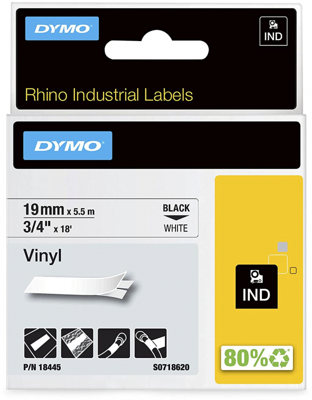 Imagen extra Dymo ID1-19 18445 Cinta de Etiquetas de Vinilo Industrial Original para Rotuladora Texto negro sobre fondo blanco Ancho 19mm x 5