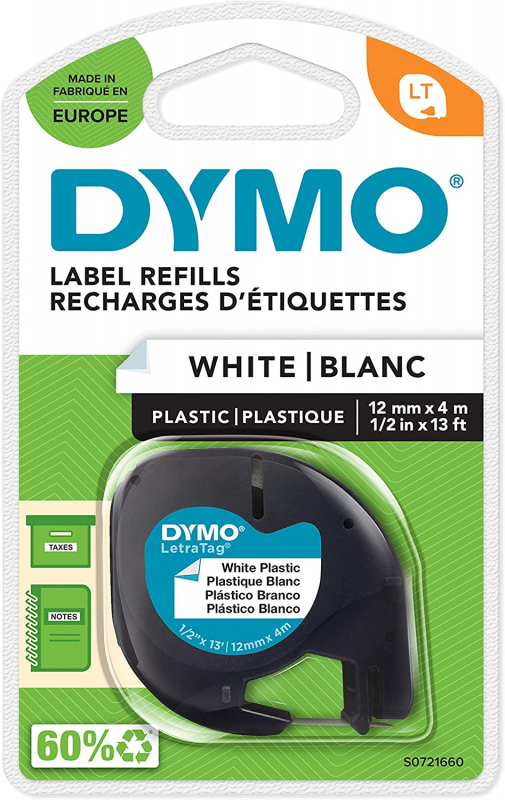 Imagen extra Dymo LetraTag S0721610 S0721660 Cinta de Etiquetas Original para Rotuladora Texto negro sobre fondo blanco Ancho 12mm x 4 metros