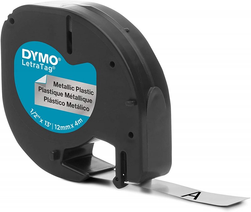 Dymo LetraTag S0721730 Cinta de Etiquetas Original para Rotuladora Texto negro sobre fondo metalico Ancho 12mm x 4 metros (91208