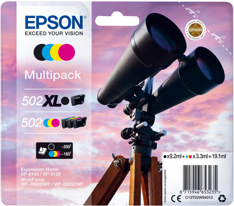 Epson 502XL 502 Pack de 4 Cartuchos Originales C13T02W94010