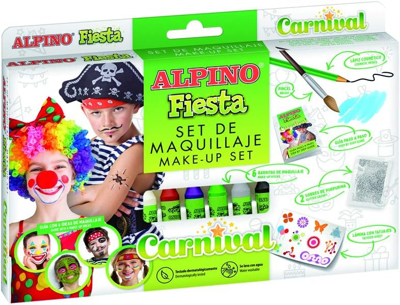 Alpino Fiesta Carnival Pack de Maquillaje con 6 Barritas de Pintura Facial + Pincel + Tatuajes en Calcomania + Lapiz Perfilador y 2 Sobres de Purpurina