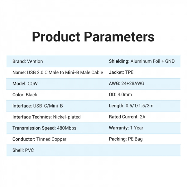 Imagen extra Vention Cable USB-C Macho a MiniUSB Macho - 2m - Negro