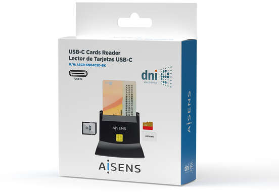 Imagen extra Aisens Lector de Tarjeta Inteligente DNI USB-C con Lector de Tarjetas SIM, SD, Micro SD, MMC, RS-MMC, MMC Micro - Negro