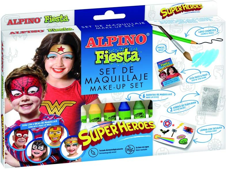 Alpino Fiesta Superheroes Pack de Maquillaje con 6 Barritas de Pintura Facial + Pincel + Tatuajes en Calcomania + Lapiz Perfilador y 2 Sobres de Purpurina