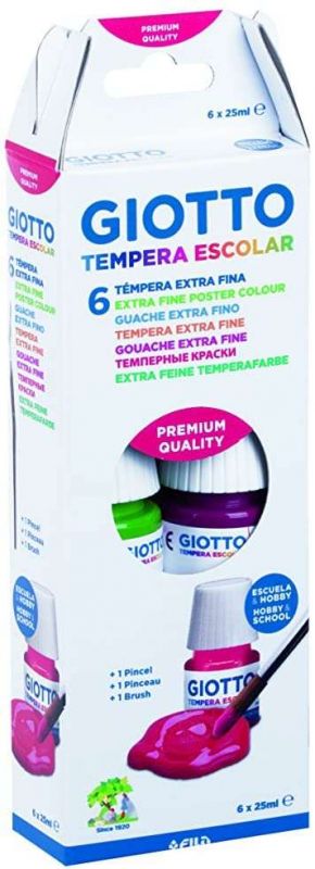 Giotto Tempera Pack de 6 Botes de 25 ml. + Pincel Colores Surtidos