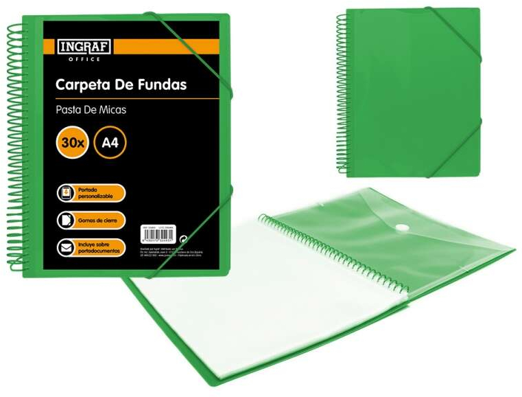 Ingraf Carpeta 30 Fundas Espiral A4 + Sobre con Broche. Verde