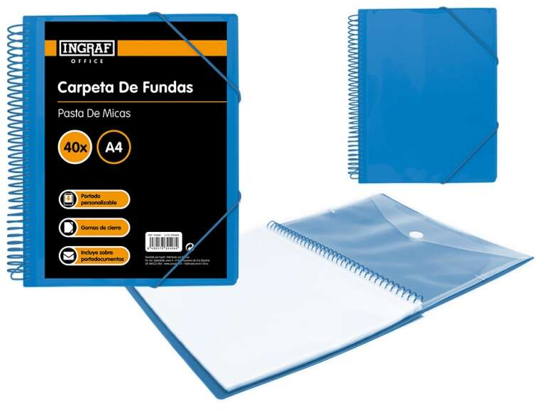 Ingraf Carpeta 40 Fundas Espiral A4 + Sobre con Broche. Azul