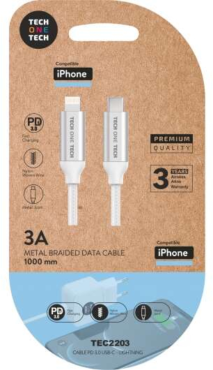 TechOneTech Cable USB-C PD 3.0 Macho a Lightning Macho 1 metro - Nylon Trenzado