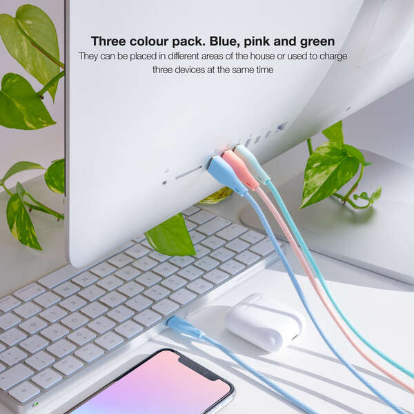 Imagen extra Nanocable Pack de 3 Cables Mallados USB-A Macho a Lightning Macho - 1m - Colores Pastel Rosa, Verde y Azul