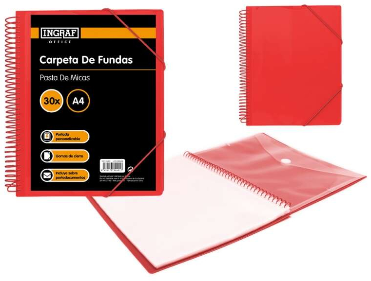 Ingraf Carpeta 30 Fundas Espiral A4 + Sobre con Broche. Rojo