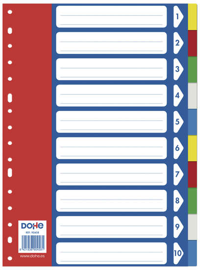 Separadores plastico Colores 10 apartados A4 - 120 Micras - Multitaladro de 16 Perforaciones - Bolsa Autoadhesiva Individual. Dohe 