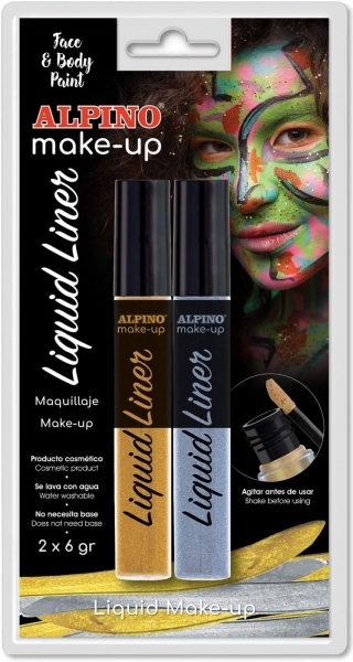 Alpino Make-up Liquid Liner Pack con 2 Botes de Maquillaje Liquido con Aplicador. Oro y Plata
