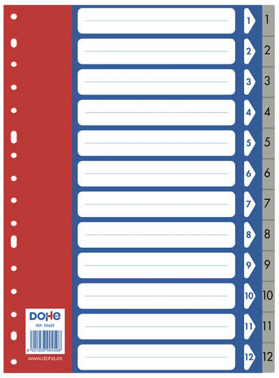Separadores plastico 1-12 en A4 - 120 Micras - Polipropileno Resistente - Multitaladro de 16 Perforaciones - Bolsa Autoadhesiva Individual. Dohe 