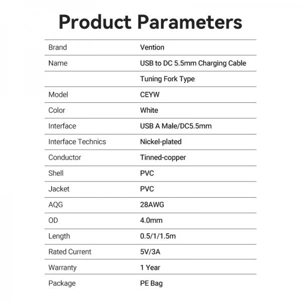 Imagen extra Cable Alimentacion USB-A Macho a DC 5.5mm Macho - 1m - Blanco