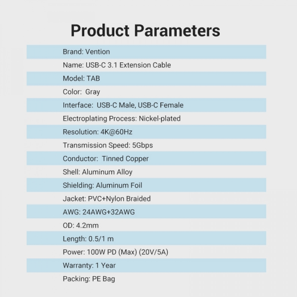 Imagen extra Vention Cable Alargador USB-C 3.1 Macho a USB-C Hembra - 1m - Gris