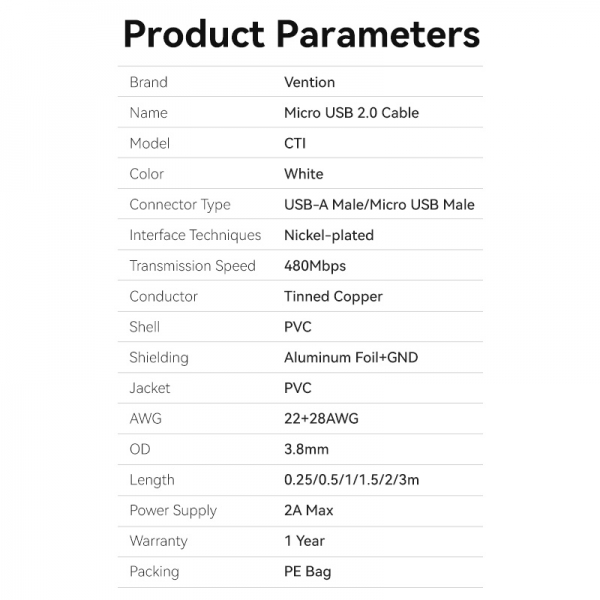 Imagen extra Vention Cable USB 2.0 Macho a MicroUSB Macho - 2m - 3A - 60W - 480Mbps - Blanco