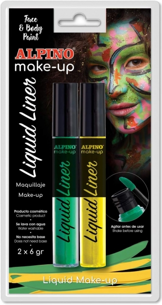 Alpino Make-up Liquid Liner Pack con 2 Botes de Maquillaje Liquido con Aplicador. Amarillo y Verde