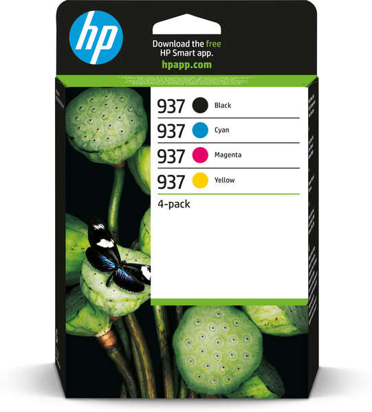 HP 937 Pack de 4 Cartuchos de Tinta Original Negro, Amarillo, Magenta y Cian 6C400NE