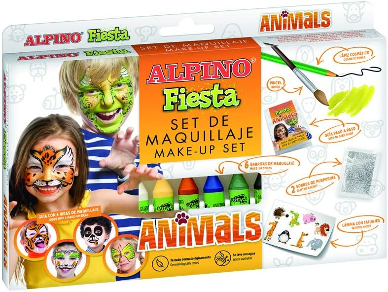 Alpino Fiesta Animales Pack de Maquillaje con 6 Barritas de Pintura Facial + Pincel + Tatuajes en Calcomania + Lapiz Perfilador y 2 Sobres de Purpurina