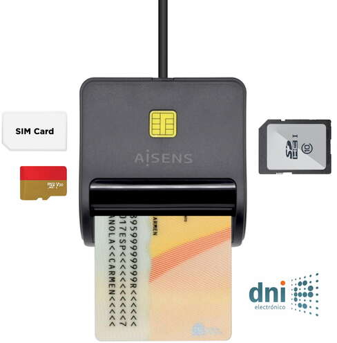 Aisens Lector de Tarjeta Inteligente DNI con Lector de Tarjetas SIM - SD - Micro SD - MMC - RS-MMC - MMC Micro - Negro