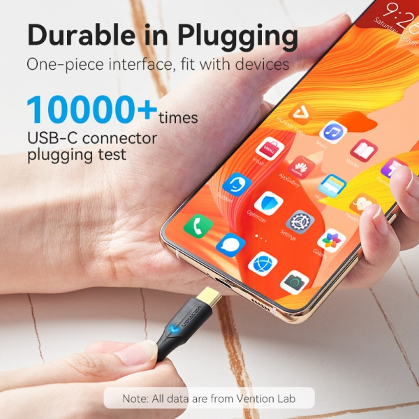 Imagen extra Vention Cable USB-C Macho a USB-C Macho 3A 60W LED - 1m - Algodon Trenzado Negro