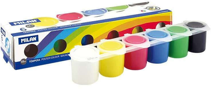 Milan Pack de 6 Botes de Tempera 25ml + 1 Pincel Serie 101 Colores Surtidos