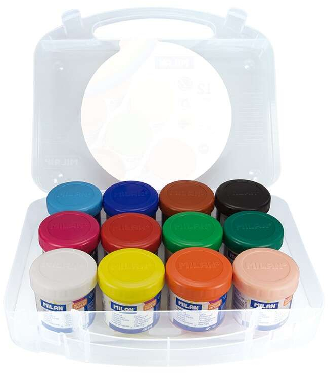 Milan Pack de 12 Botes de Tempera 40ml + 1 Pincel Serie 101 Colores Surtidos