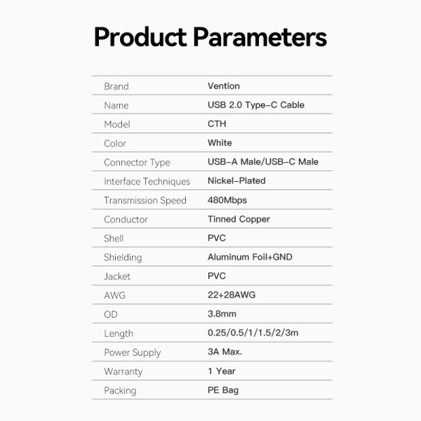 Imagen extra Vention Cable USB-A Macho a USB-C Macho - 2m - 3A - 60W - 480Mbps - Blanco