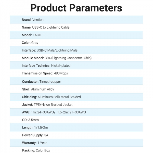 Imagen extra Cable USB-C a Lightning 3A 27W 480Mbps MFi - 1 metro - Gris