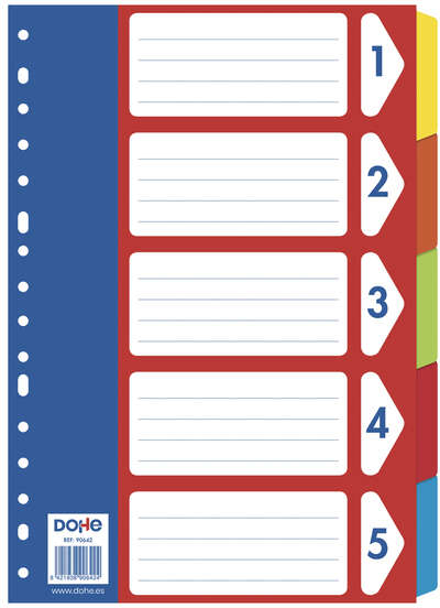 Separadores carton 5 Colores FOLIO - 180gr - Multitaladro de 16 Perforaciones - Bolsa Autoadhesiva Individual. Dohe 