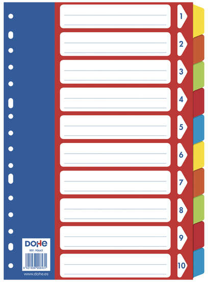 Separadores carton Colores 10 apartados FOLIO - 180mm - Cartulina de 180gr - Multitaladro de 16 Perforaciones - Bolsa Autoadhesiva Individual. Dohe 