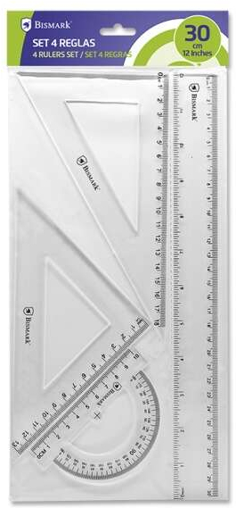 Bismark Pack de Reglas para el Colegio - (Regla de 30cm - Escuadra de 12,5cm - Cartabon de 17.5cm - Transportador de 10cm). Transparente