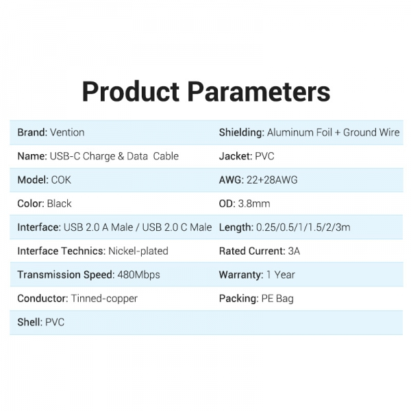 Imagen extra Vention Cable USB-A Macho a USB-C Macho 3A 60W 480Mbps - 3m - Negro