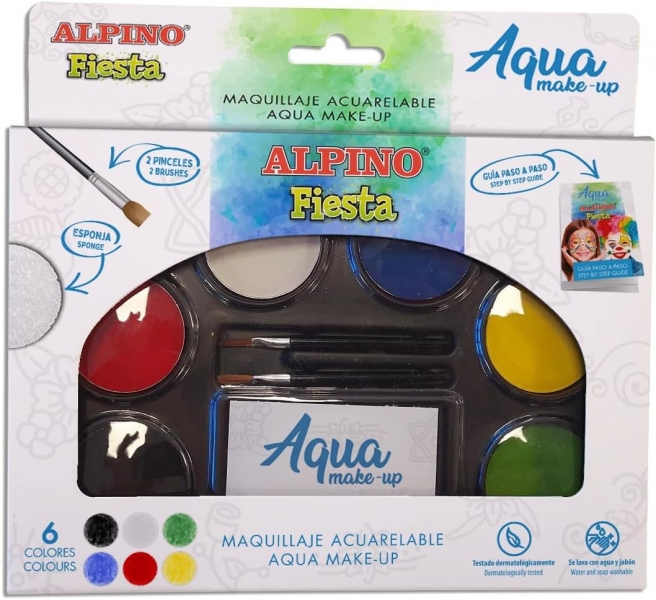 Alpino Fiesta Aqua Make-up Pack con Paleta de Maquillaje Acuarelable con 6 Colores + 2 Pinceles + Esponja y Guia de Uso