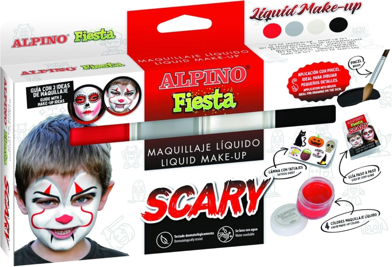 Alpino Fiesta Scary Pack de 4 Botes de Maquillaje Liquido de Diferentes Colores + Pincel + Guia de Ideas
