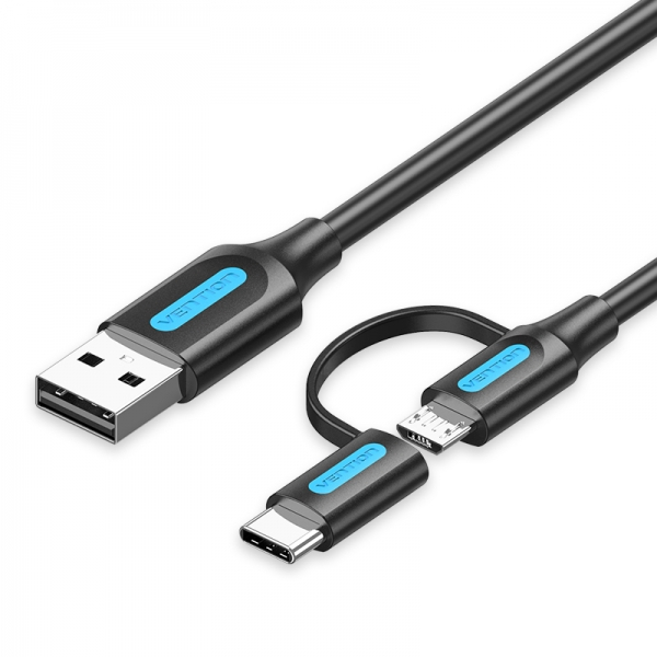 Vention Cable USB 2.0 Macho a MicroUSB+USB-C Macho - 3A - 60W - 480Mbps - 1m - Negro