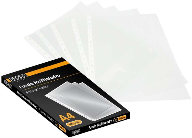 Caja 100 Fundas Multitaladro A4 Transparentes 70 Micras. Ingraf 